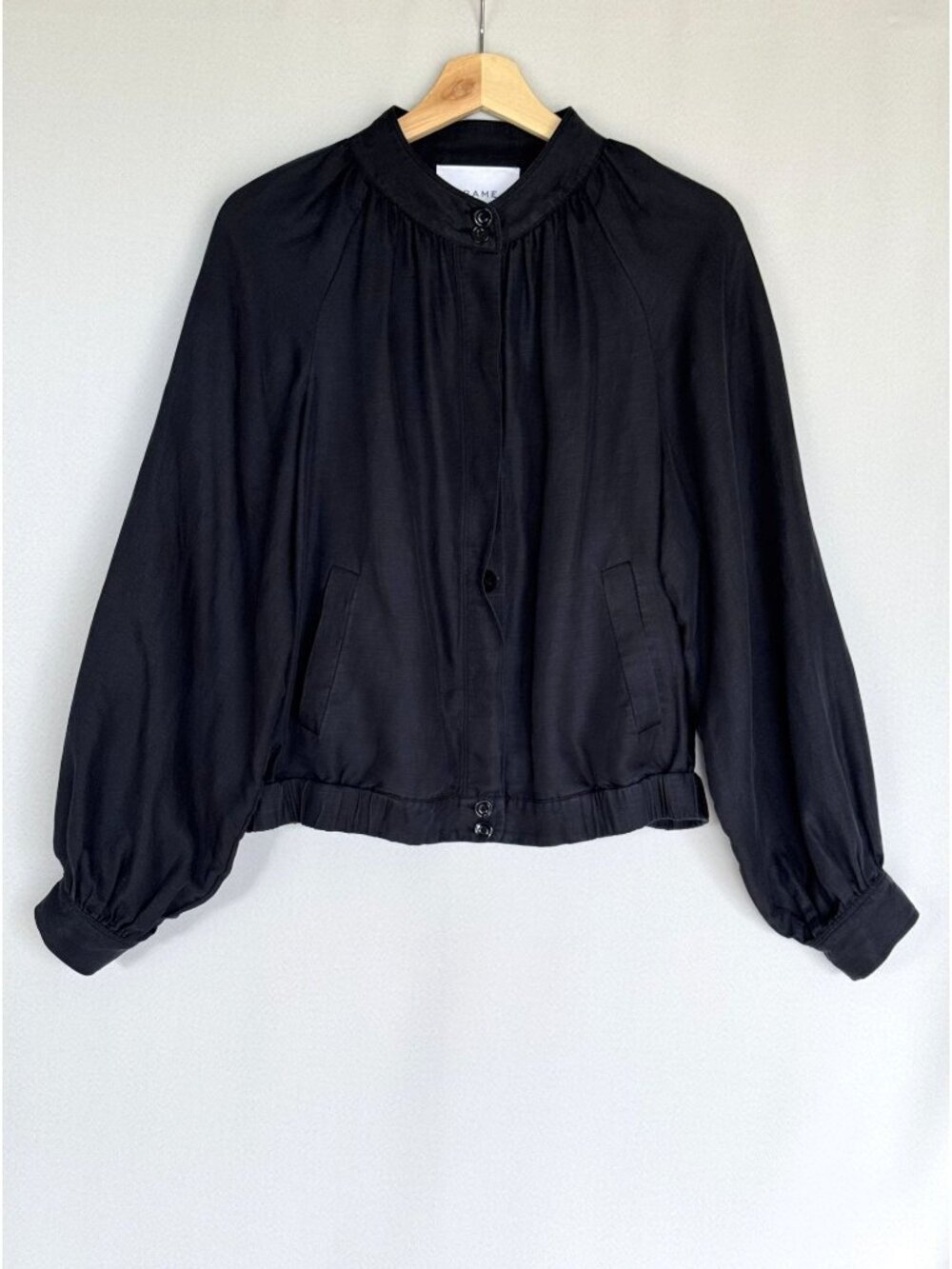 Frame Black Linen Blend‎ High Neck Long Ballon Sleeve Bomber Jacket Size Medium